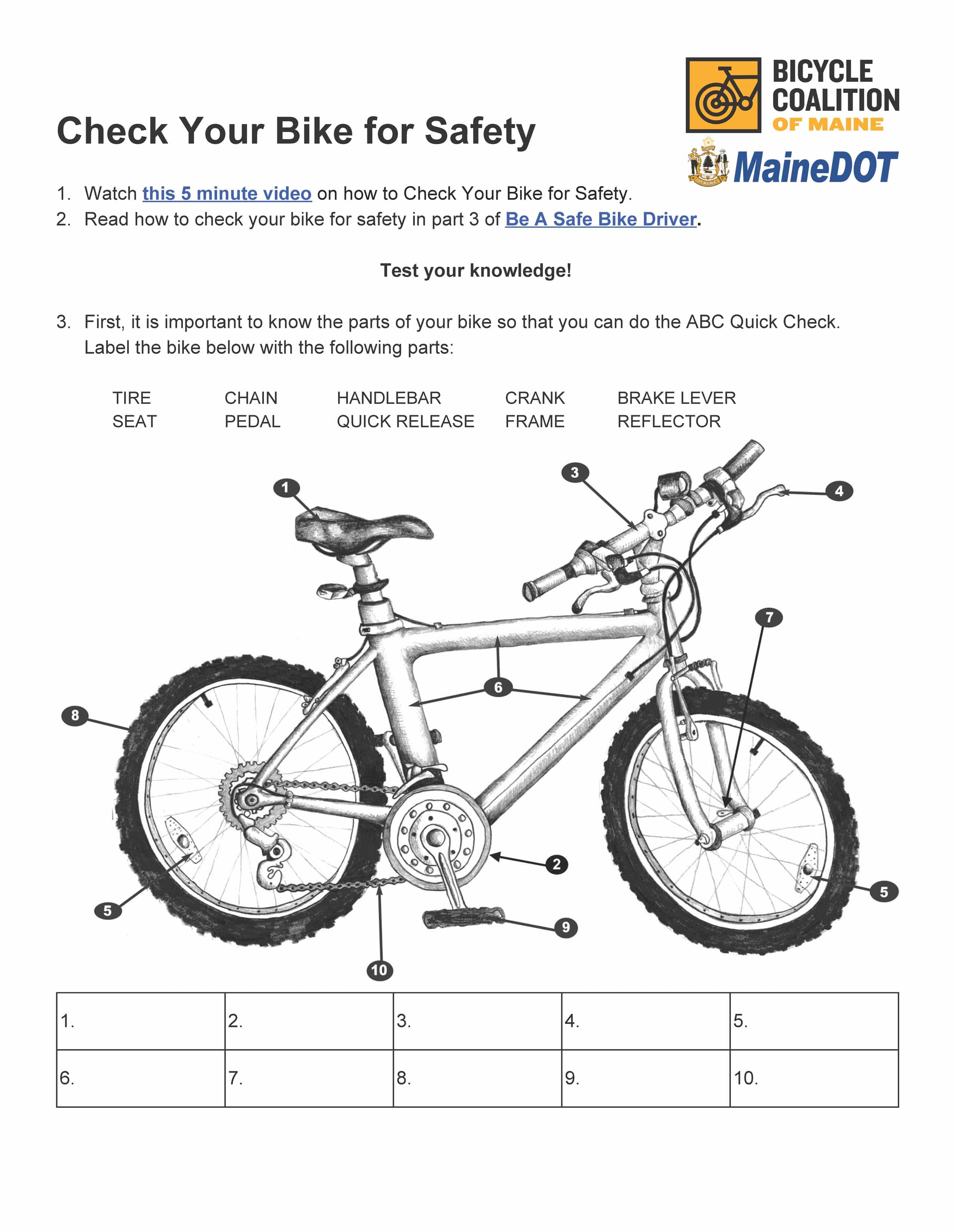 Part of a bike worksheet