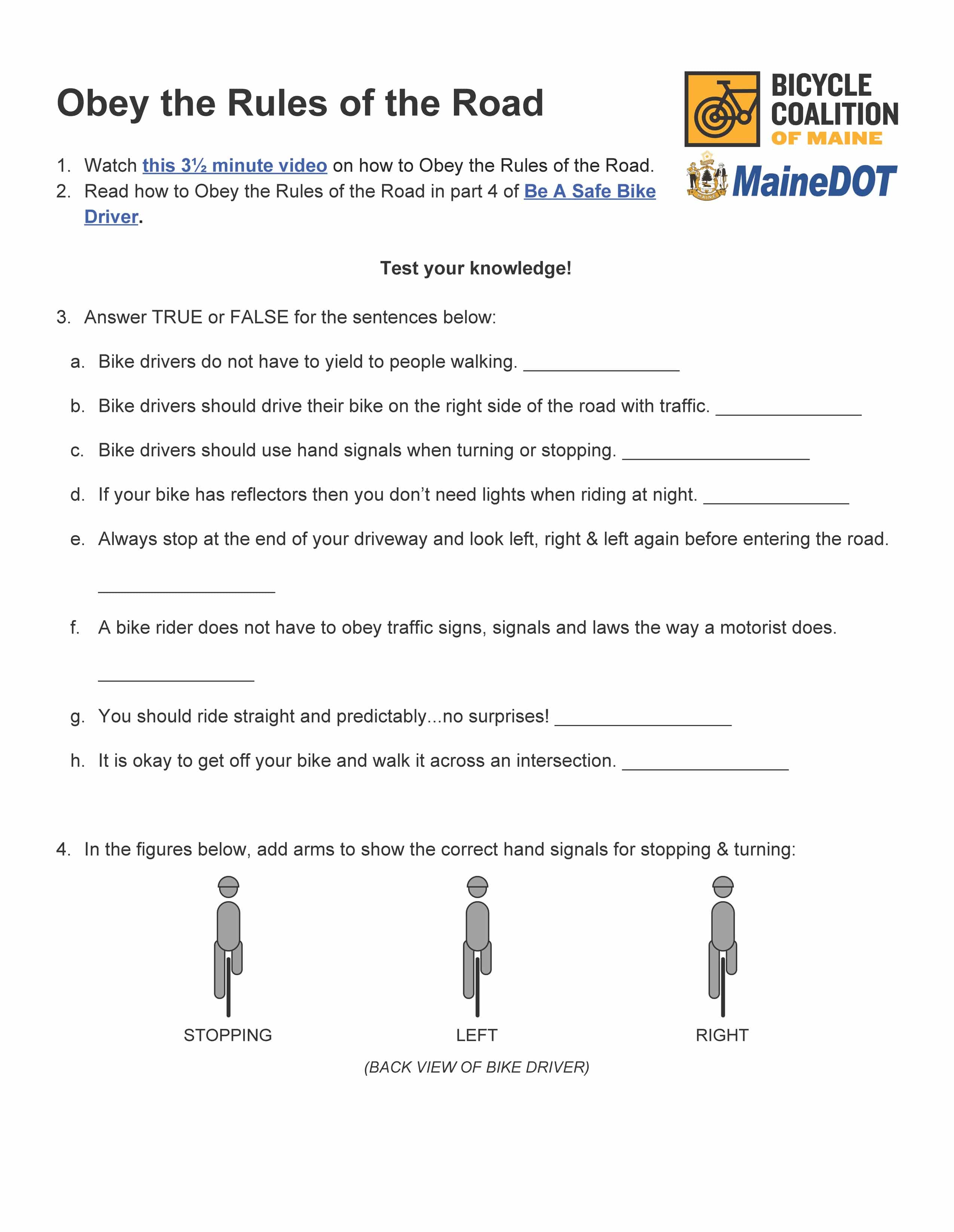 Rules of the road activity sheet