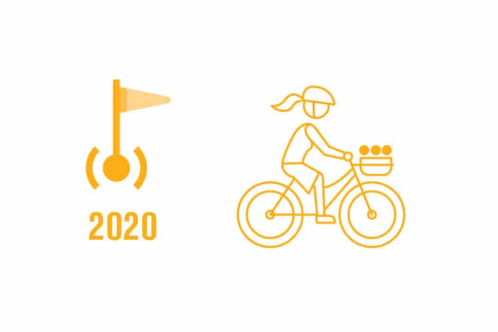 Bike rider at start flag labeled 2020 graphic 